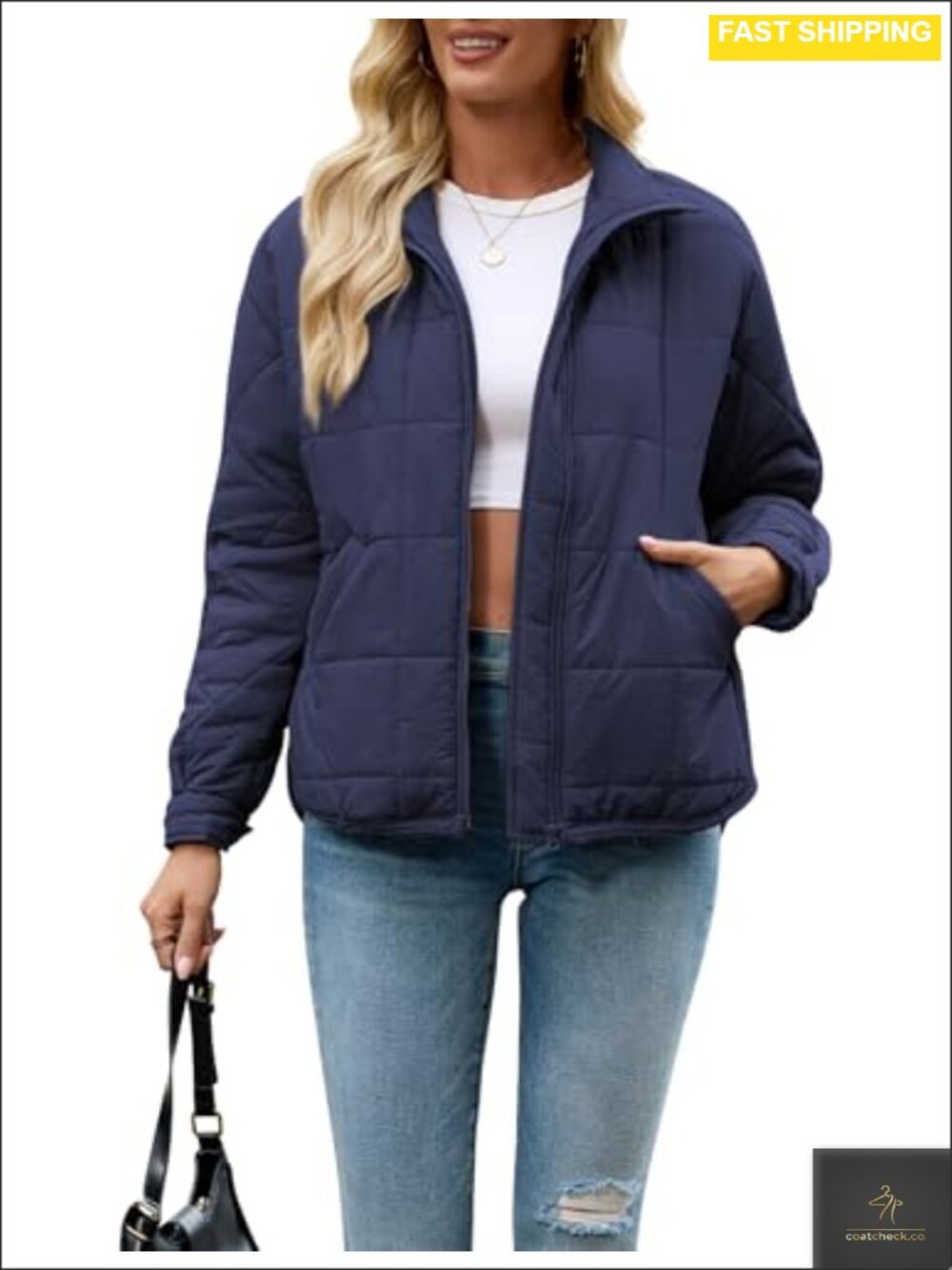 Women's Quilted Puffer Jacket Lightweight Zip Up Padded Coat Long Sleeve with